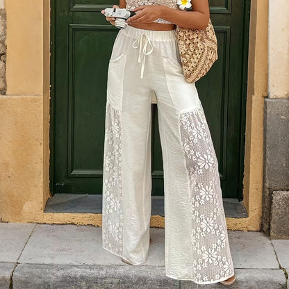 Cardydony Women's Solid Color Design Lace Stitching Wide Leg Pants