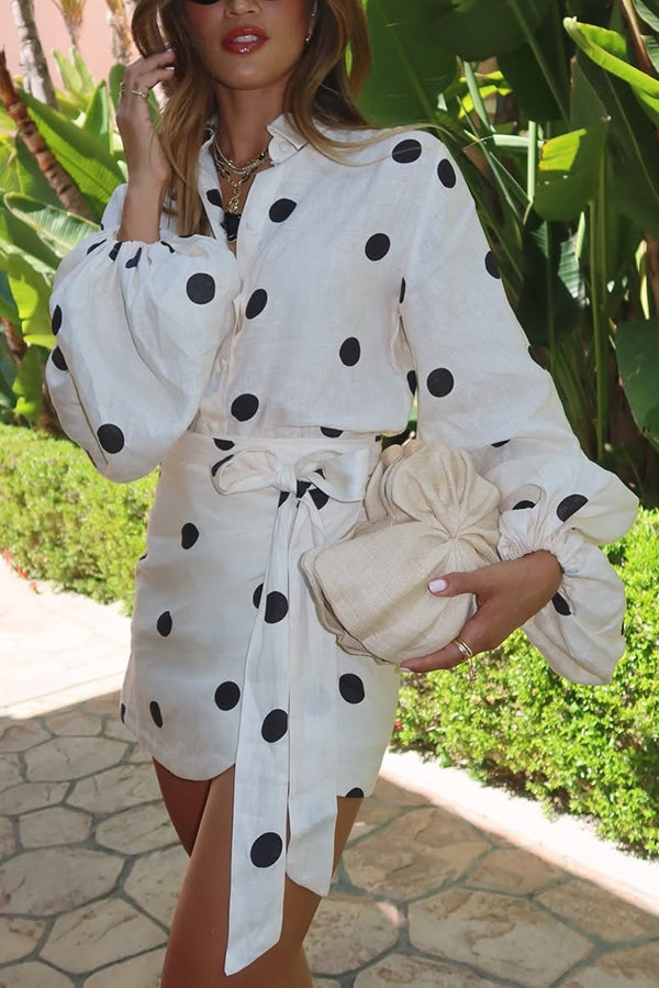 Cardydony Women's Effortlessly Linen Blend Polka Dot Balloon Sleeve Blouse and Wrap Tie-up Loose Mini Skirt Set