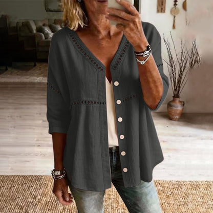 Cardydony Women's Solid Color Openwork Lace Patchwork Comfortable Linen Blend Cardigan