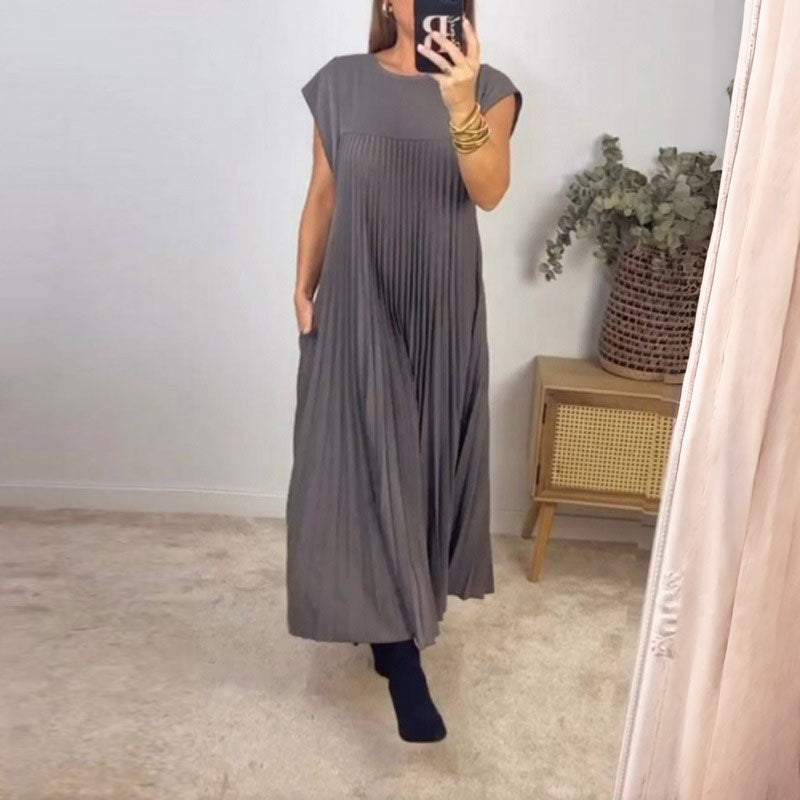 Cardydony Women's Elegant And Stylish Round-neck Pleated Maxi Dress