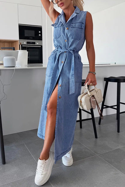 Cardydony Women's Solid Color Sleeveless Single Breasted Waist Tie Casual Pocket Denim Midi Dress