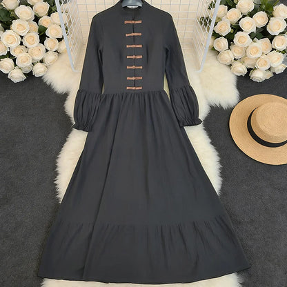 Cardydony Vintage Elegant Bell Sleeves Pleated Linen Maxi Dress