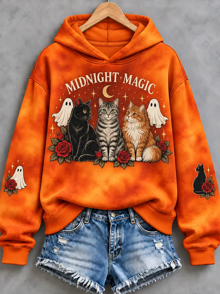 Cardydony Women's Halloween Cats, Ghosts And Roses Pattern Pullover Hoodie