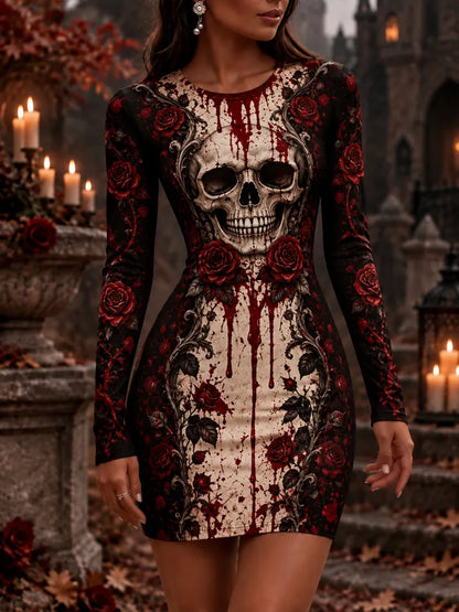 Cardydony Women's Halloween Skeleton Rose Bloodstain Print Bodycon Long-sleeve Dress