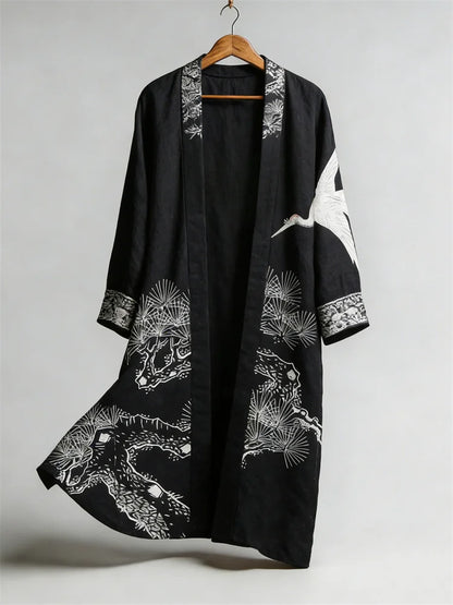 Cardydony Japanese Crane & Pine Trees Art Flowy Long Linen Kimono