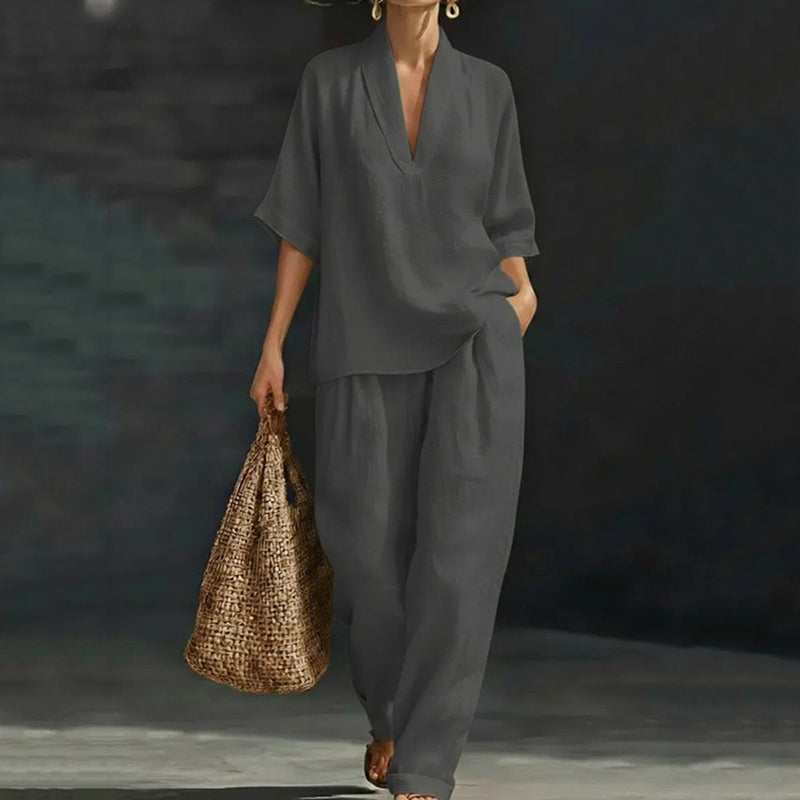 Cardydony Women's Casual Cozy Minimalist Linen Two-piece Set