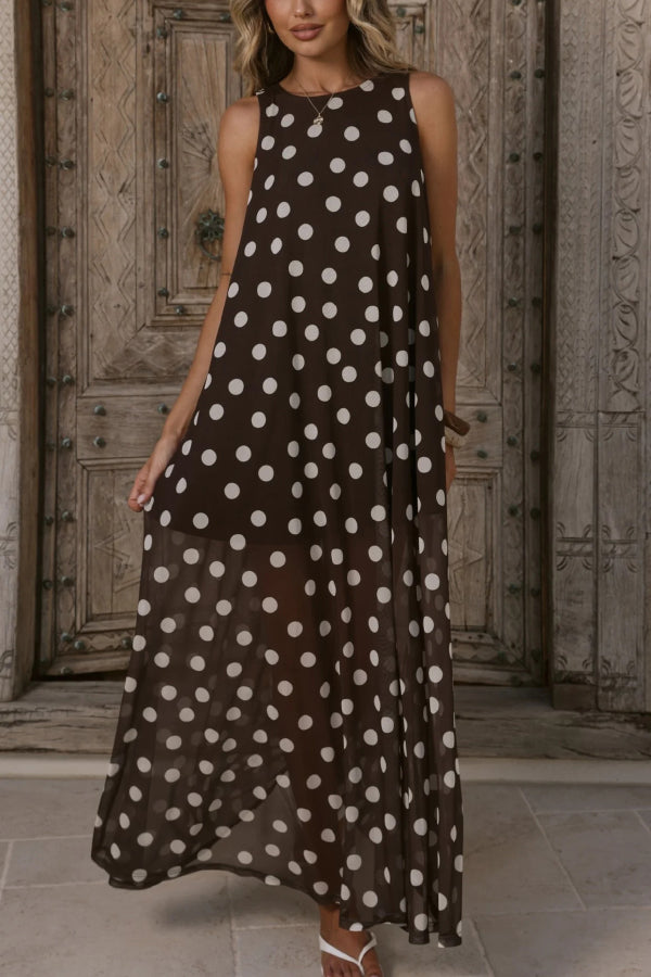 Cardydony Women's  Polka Dot Print Loose Round Neck Sleeveless Mesh Casual Maxi Dress