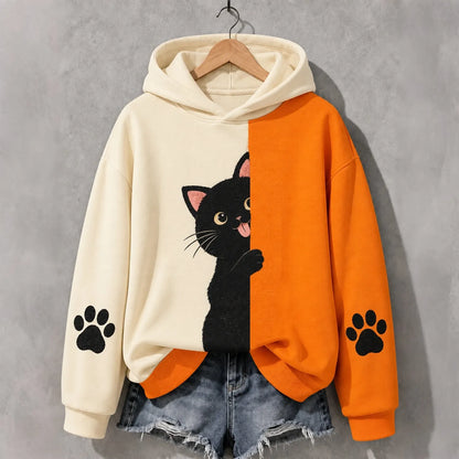 Cardydony Women's Naughty Peeking Black Cat Abstract Art Print Casual Hoodie