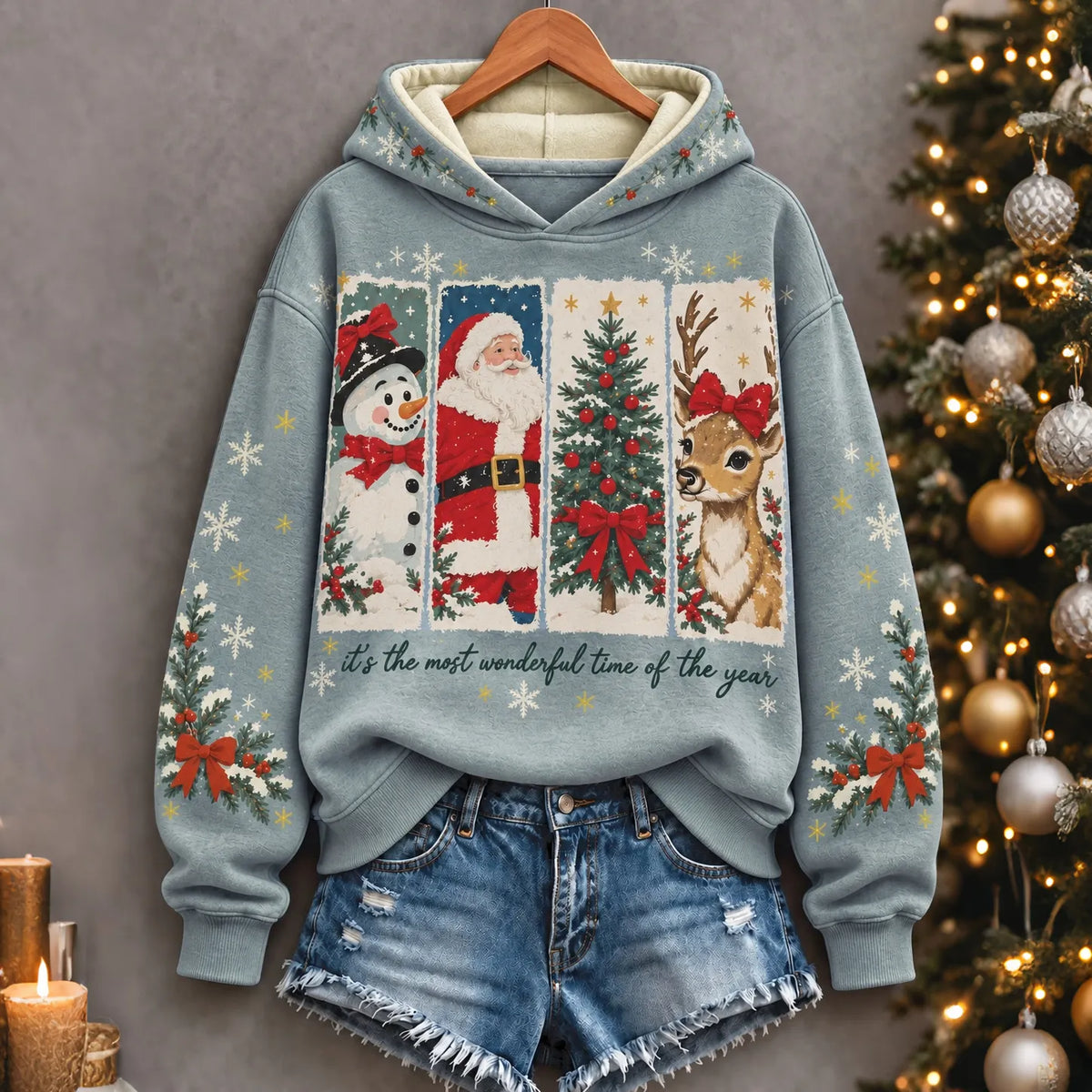 Cardydony Women's Cute Santa Snowman Reindeer Christmas Print Relaxed Fit Blue Pullover Hoodie