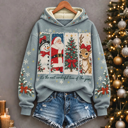 Cardydony Women's Cute Santa Snowman Reindeer Christmas Print Relaxed Fit Blue Pullover Hoodie