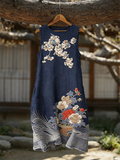 Cardydony Japanese Traditional Floral Art Flowy Linen Tank Dress