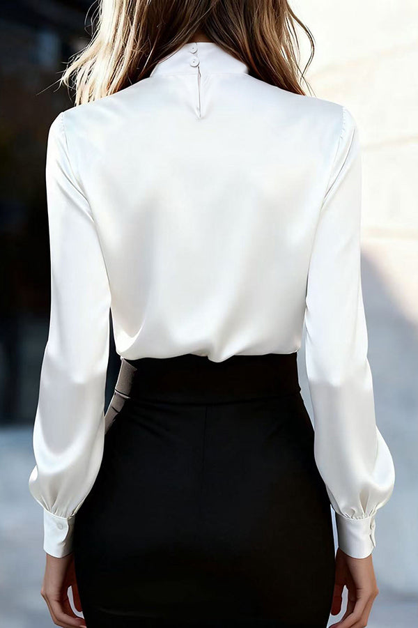 Cardydony Women's Solid Color Satin Long-sleeved Casual Tie-front Shirt