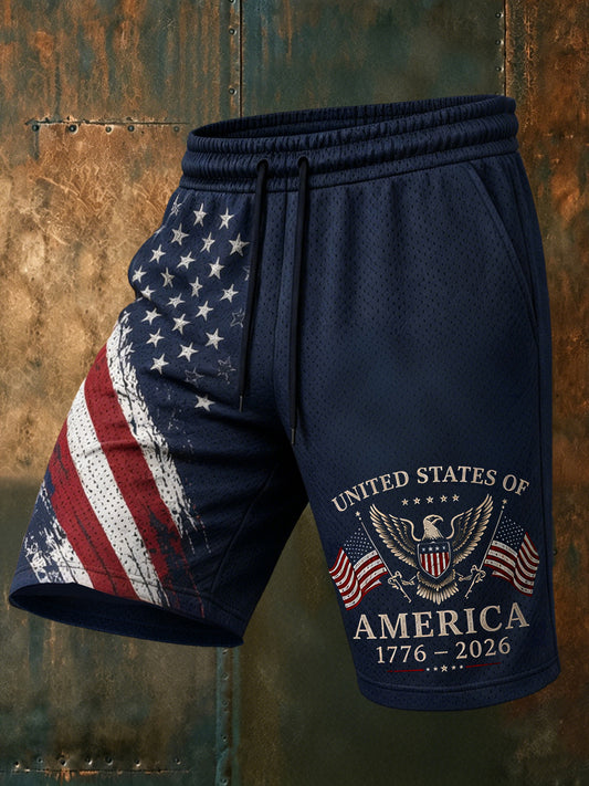 Cardydony Men's Usa Anniversary Flag With Eagle Pattern Casual Mesh Shorts