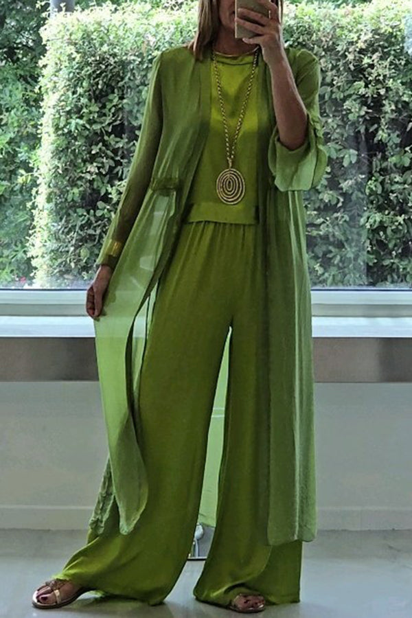 Cardydony Women's Solid Color Long Cardigan + Round Neck Casual Top and Elastic Waist Wide Leg Pants Three-piece Set