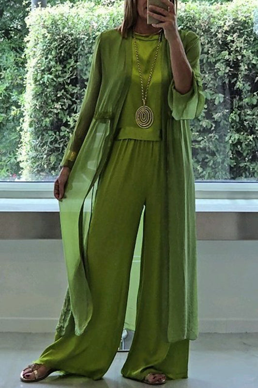 Cardydony Women's Solid Color Long Cardigan + Round Neck Casual Top and Elastic Waist Wide Leg Pants Three-piece Set