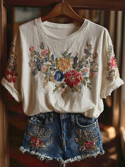 Cardydony Vintage Floral Art Casual Short Sleeve T-shirt