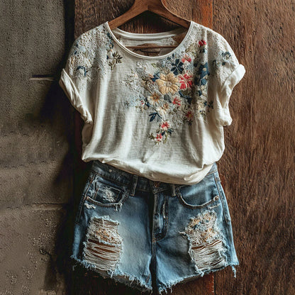 Cardydony Women's Vintage Floral Art Casual Short Sleeve T-shirt
