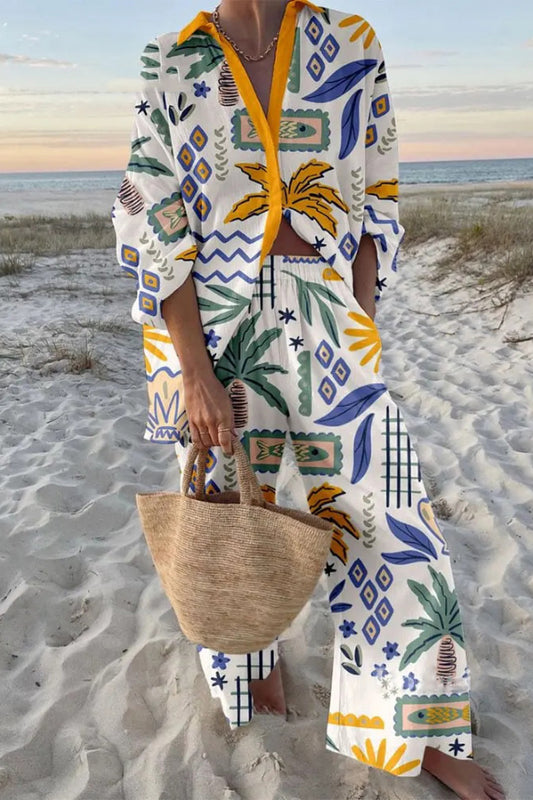 Cardydony Women's  Summer Coconut Tree Print Loose Shirt and Elastic Waistband Pocket Pants Set