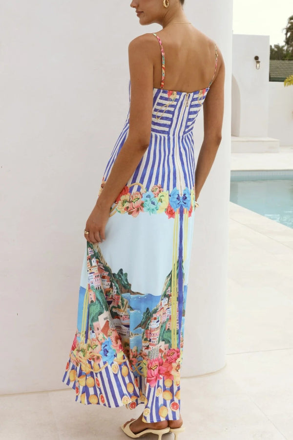Cardydony Women's Unique Printed Spaghetti Strap Square Neck Casual Holiday Maxi Dress