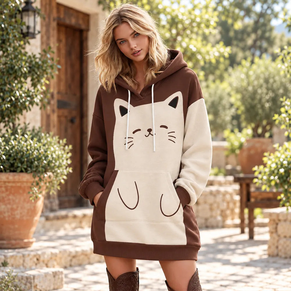 Cardydony Women's Cute Cat Face Brown And Beige Colorblock Hoodie Sweatshirt