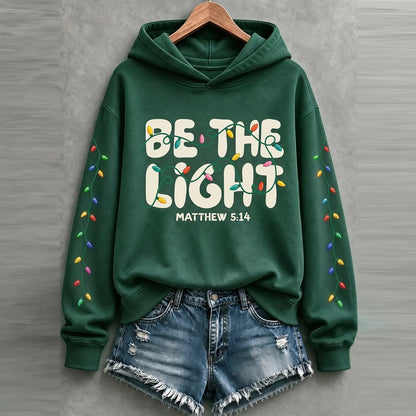 Cardydony Women's Faith Inspired Be The Light Christmas Lights Relaxed Fit Green Pullover Hoodie