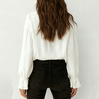 Cardydony Solid Color Lapel Single Breasted Lace Panel Long-sleeved Shirt