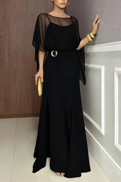 Cardydony Women's Vivian Chiffon Cape Top and  Metal Buckle Wrap Wide-Leg Pants Set