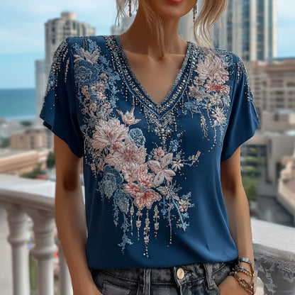 Cardydony Women's Retro Floral Art Embroidery V-neck Short-sleeve T-shirt