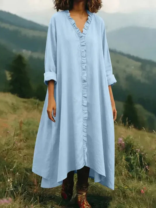 Cardydony Women's Solid Color V-neck Linen Blend Irregular Hem Dress