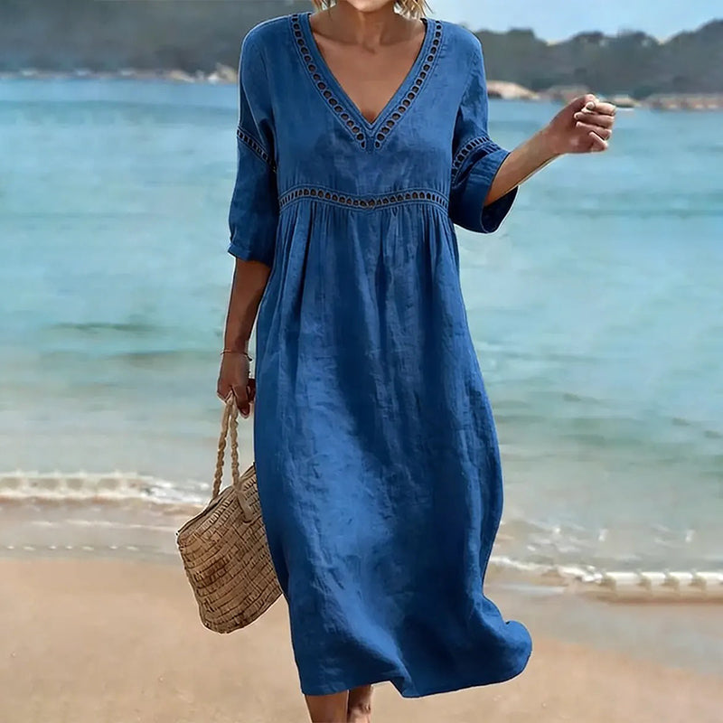 Cardydony Women's Casual Solid Color Cotton Linen Dress