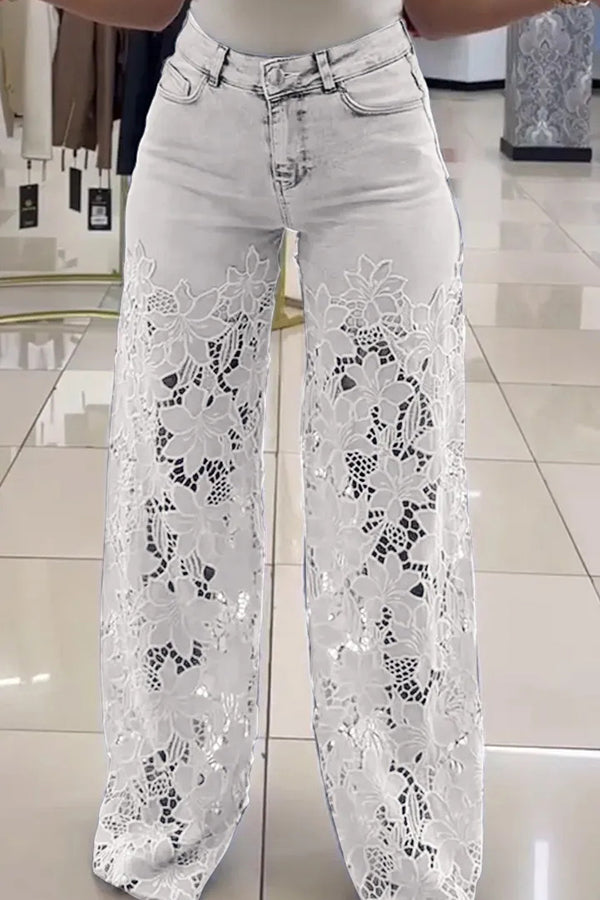 Cardydony Women's Fashion Hollow Lace Stitching Casual Pocket Denim Wide-leg Pants