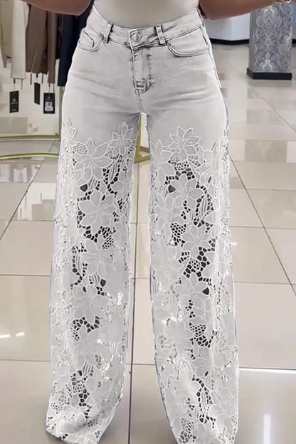 Cardydony Women's Fashion Hollow Lace Stitching Casual Pocket Denim Wide-leg Pants