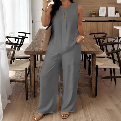 Cardydony Loose Top Casual Wide Leg Pants Linen Two Piece Set
