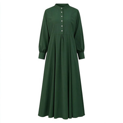 Cardydony Women's Vintage Solid Stand Collar Button Front A-Line Maxi Dress