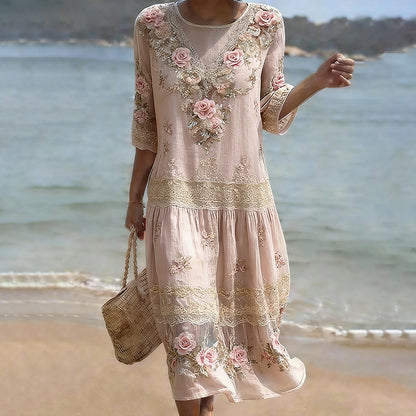Cardydony Women's Vintage Pink Flower Embroidery Art Midi Dress