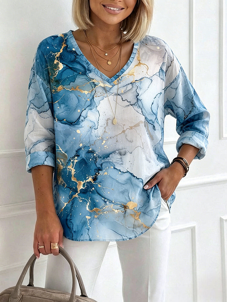 Cardydony Abstract Marble & Fluid Viens Art V Neck Linen T Shirt