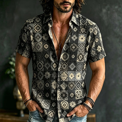 Cardydony Men's Boho Patchwork Floral Print Hippie Cotton And Linen Comfortable Short Sleeve Shirt