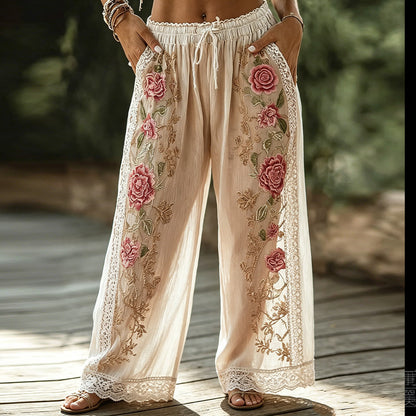 Cardydony Bohemian Rose Embroidered Crinkle Chiffon Wide-leg Pants