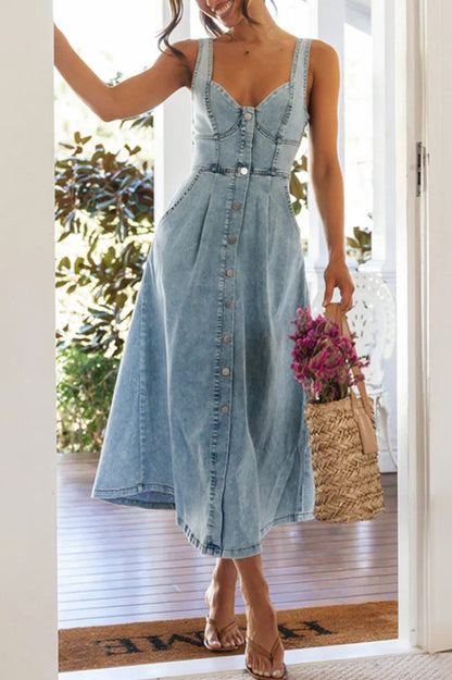 Cardydony Women's Stylish Single-breasted Fitted Waist Gathered Back Denim Maxi Dress