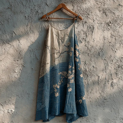 Cardydony Almond Blossom Sea Waves Japanese Gradient Linen Cami Dress