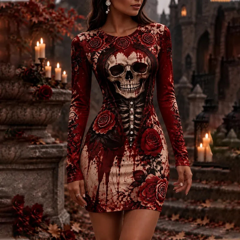 Cardydony Women's Halloween Skeleton Skull Rose Blood Stain Print Bodycon Long Sleeve Mini Dress