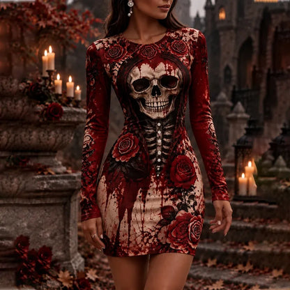 Cardydony Women's Halloween Skeleton Skull Rose Blood Stain Print Bodycon Long Sleeve Mini Dress