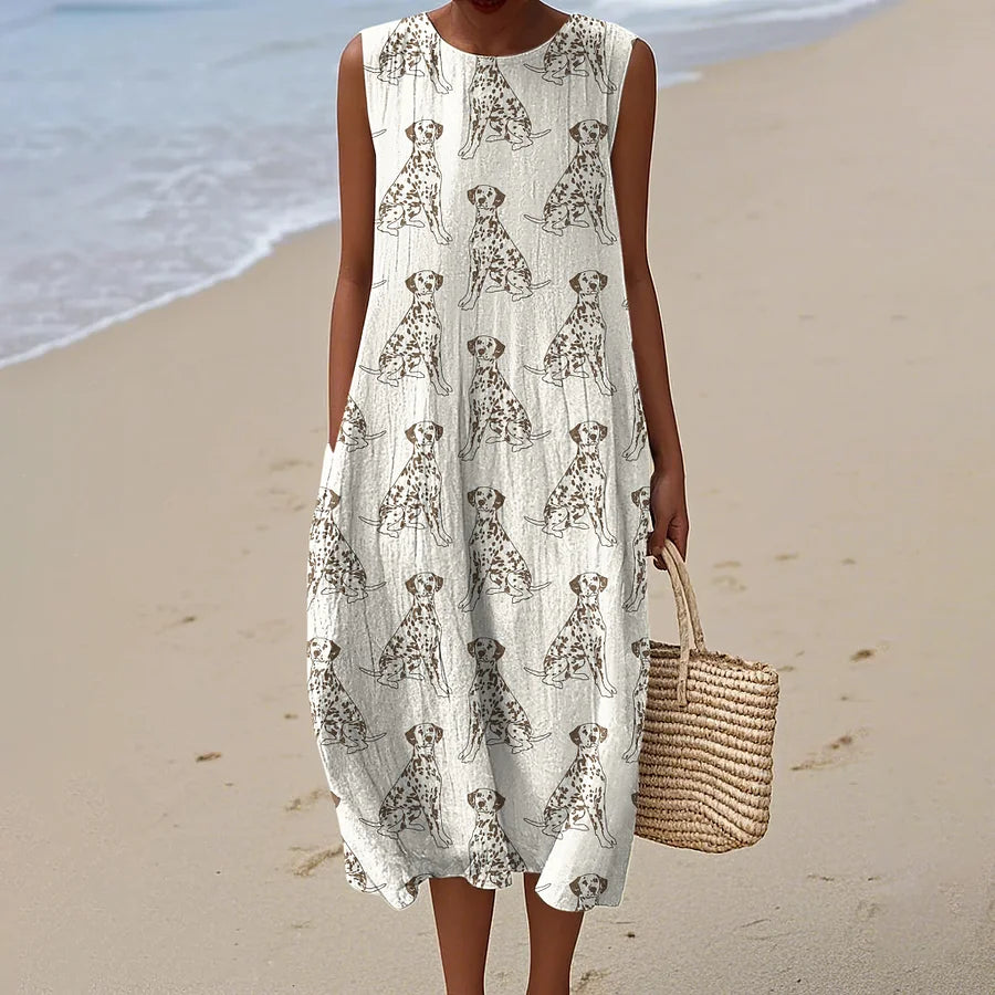Cardydony Retro Cute Dalmatian Dog Art Linen Tank Midi Dress