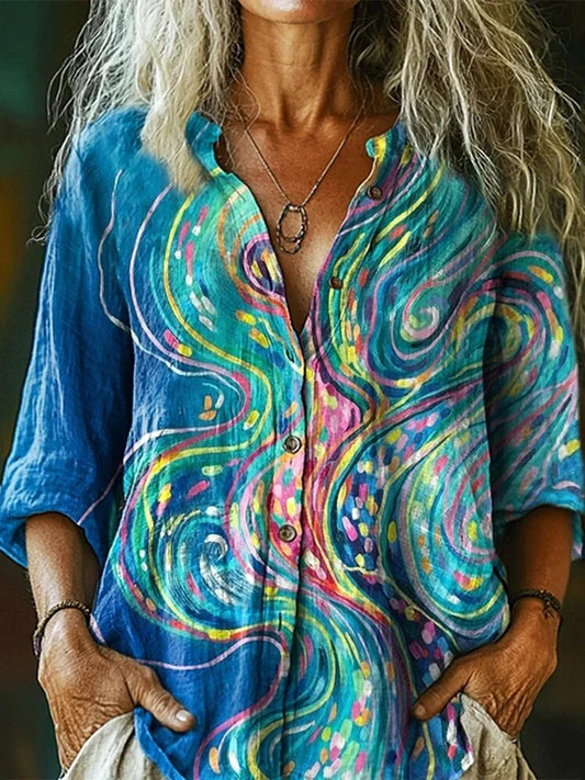 Cardydony Women's Abstract Line Art Print Cotton And Linen Shirt