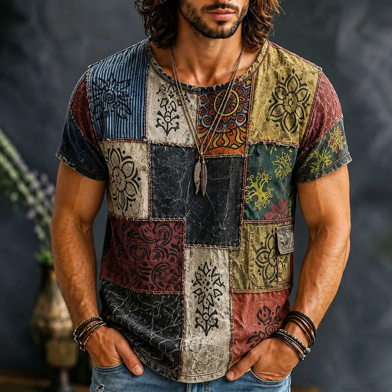 Cardydony Men's Retro Hippie Patchwork Print Cargo Short Sleeve T-shirt