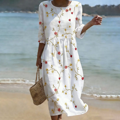 Cardydony Vintage Floral Art Pattern Linen Blend Loose Three-quarter Sleeve Dress