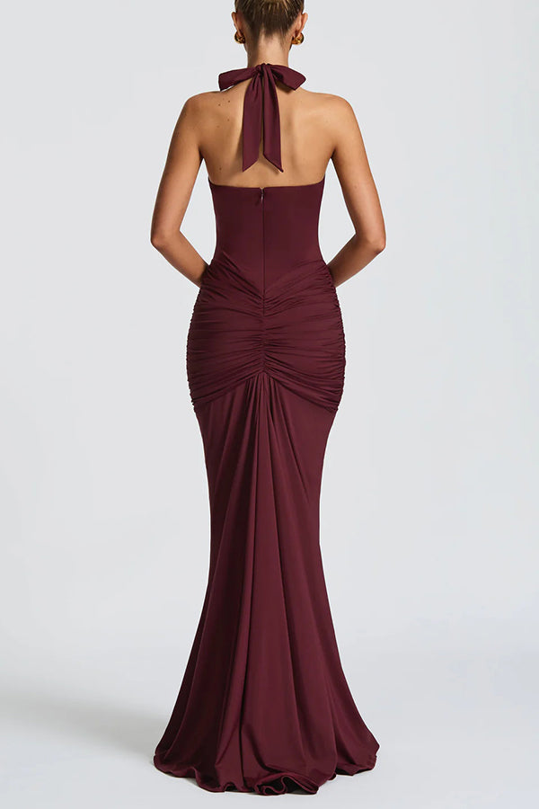 Cardydony Women's Solid Color Elegant Halterneck V-neck Open Back Tie Gathered Maxi Dress
