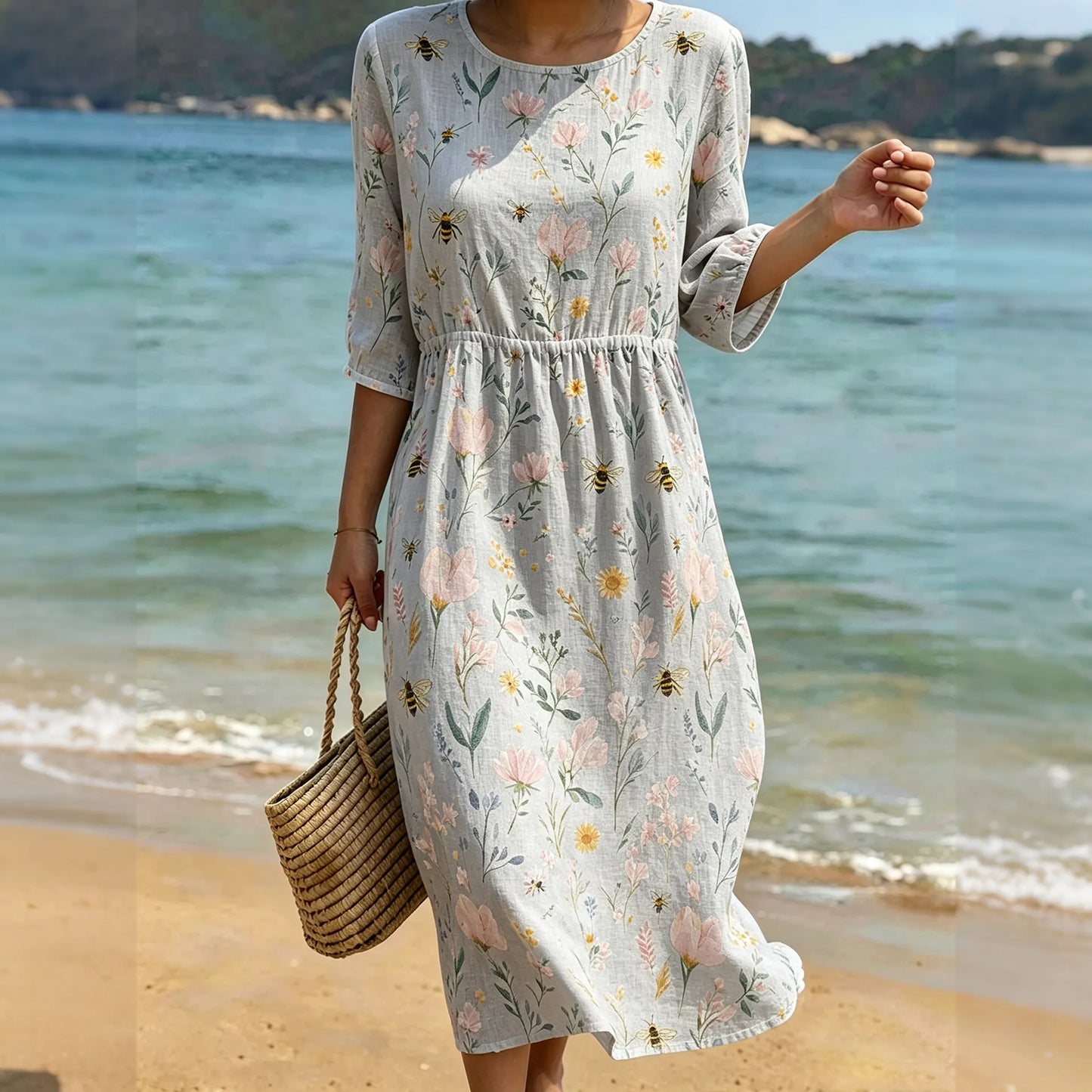 Cardydony Women's Vintage Bohemian Floral Bees Print Round-neck Mid-sleeve Linen Dress