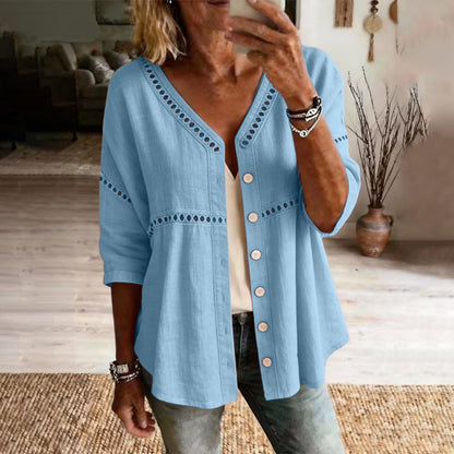 Cardydony Women's Solid Color Openwork Lace Patchwork Comfortable Linen Blend Cardigan