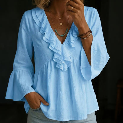 Cardydony Women's Solid Color Ruffle V Neck Blend Loose T-shirt